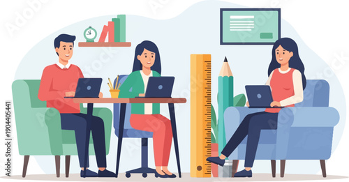 Diverse group of people collaborating and working on laptops in a modern setting