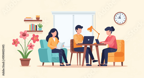 Diverse individuals work on laptops in a bright, indoor workspace