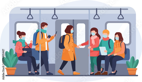 Diverse people wearing masks ride a public train, some look at phones