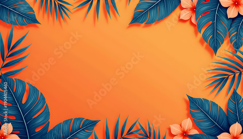 Vibrant orange background adorned with an intricate pattern of blue and orange tropical leaves and flowers, rich shades and textures creating a visually appealing contrast, seamless decorative design