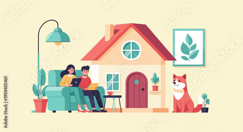 Diverse individuals work remotely from home with their pet dog nearby