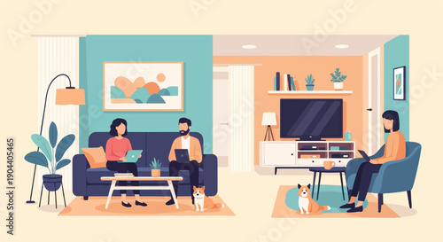 Diverse people work and relax in a cozy, modern living room with pets