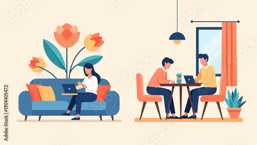 Diverse people work on laptops in cozy domestic settings with plants