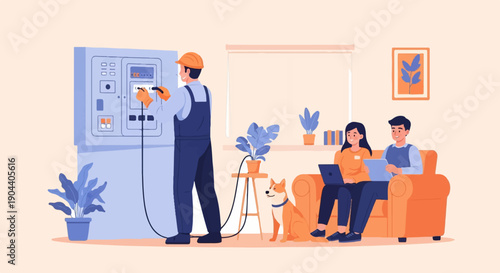 Electrician repairs panel while couple works remotely with dog