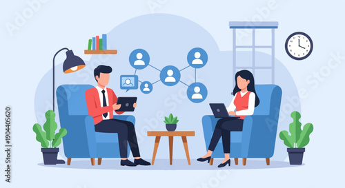 Diverse team collaborates digitally with a network of connections shown