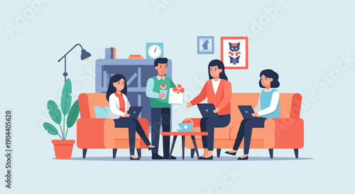 Diverse team collaborates in a modern office, sharing ideas, and working on projects