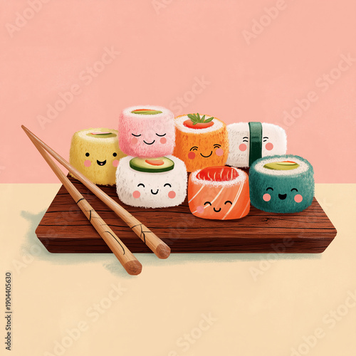 Fröhliches Sushi mit Essstäbchen auf einer Holzplatte im bunten Kawaii-Stil, Pastellfarben, 