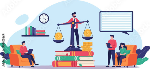 Diverse people gather for financial education, aided by books and technology