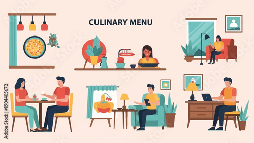 Diverse people enjoying food and leisure activities in a cozy, illustrated setting