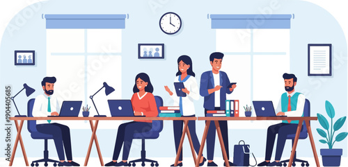 Diverse team collaborating and working at desks in a modern office environment