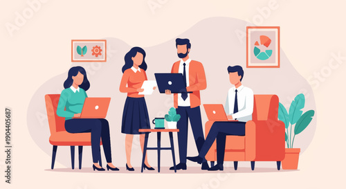 Diverse team collaborates on laptops in a modern office setting