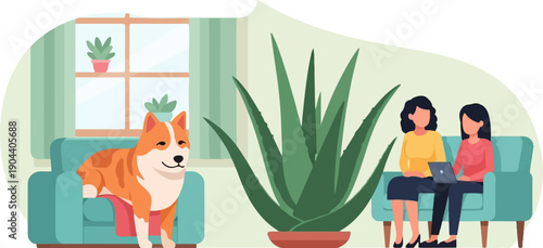 Dog on sofa with women on couch near plant and window