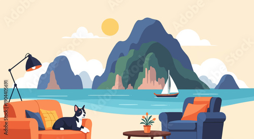 Dog on couch with view of ocean, mountains, and sailboat