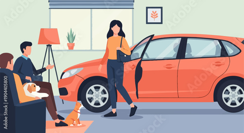 Domestic scene with people and pets beside an orange hatchback car