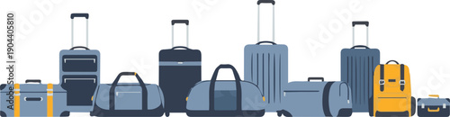 Assorted luggage and travel bags arranged in a cityscape with urban buildings and transport equipment