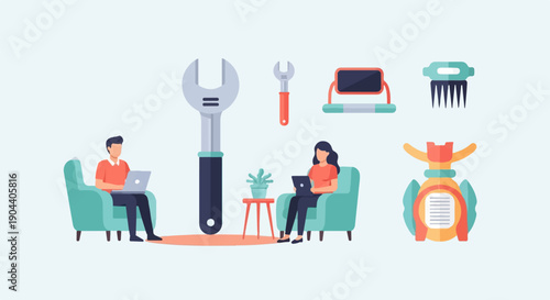 Diverse tools and people working on laptops in a minimalist interior