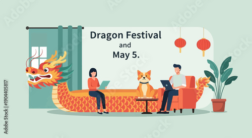 Dragon boat, people, dog, and lanterns celebrate a festival