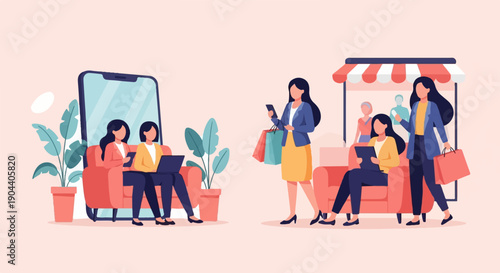 Diverse women engage in digital and physical shopping, showcasing commerce