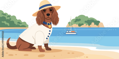 Dressed dog with hat and shirt sits on a beach with a sailboat on the ocean