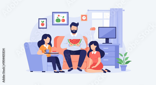 Family enjoying watermelon and drinks in a living room