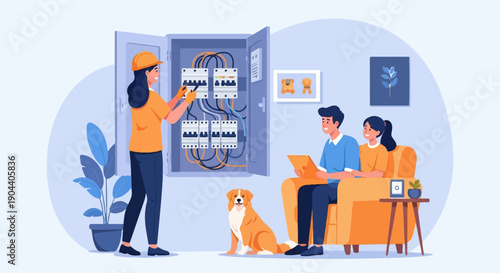 Electrician works on panel while couple watches with dog nearby