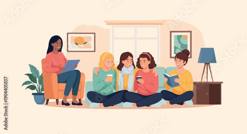 Diverse women enjoying a cozy indoor gathering, reading and chatting