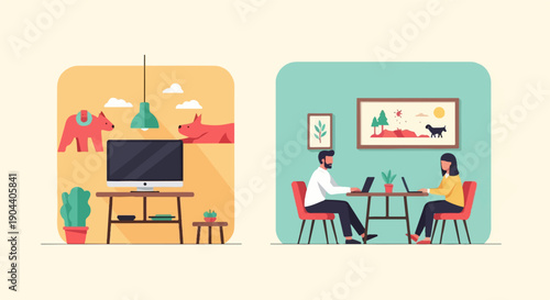 Diverse workspaces home office setup and shared co-working desk