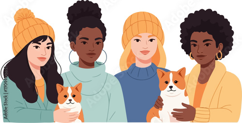 Diverse women in warm hats and sweaters holding corgis