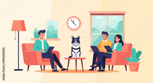 Diverse team members work remotely with a furry friend in a cozy home setting