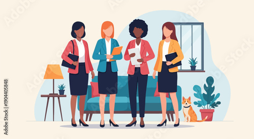 Diverse women in business attire stand with documents in an office setting