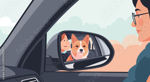 Driver with glasses gazes at side mirror reflecting happy woman and dog