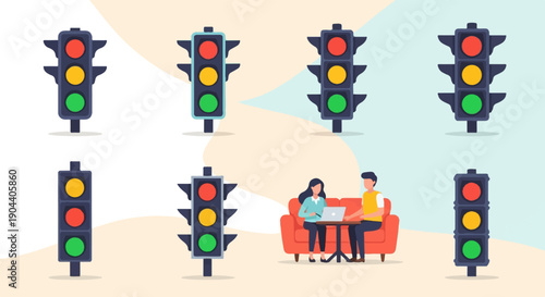 Diverse traffic lights and two people collaborating on a laptop