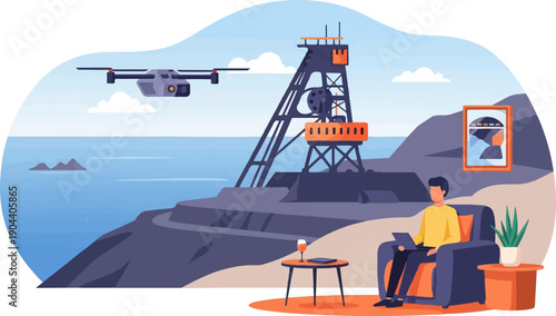 Drone surveys coastal mine from above while man relaxes indoors with laptop