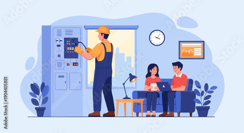 Electrician works on panel while people relax and work on laptops indoors