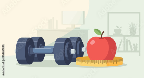Dumbbells, apple, and measuring tape symbolize health and fitness
