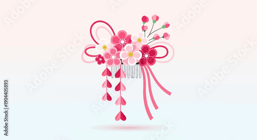 Elegant floral hair comb with pink blossoms and decorative ribbons