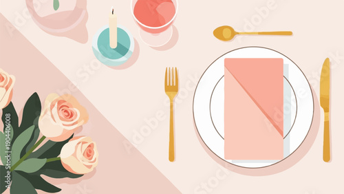 Elegant table setting with roses, candle, wine glass and cutlery