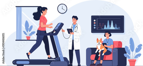 Doctor monitors patient's treadmill workout; another patient holds dog