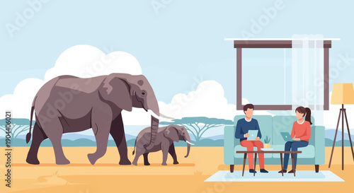 Elephants roam the savanna while people relax indoors