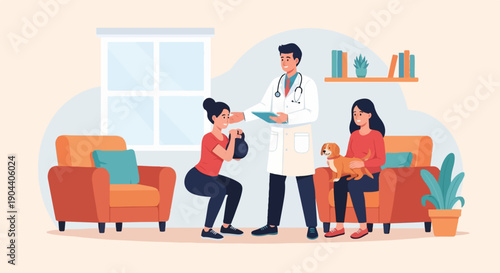 Doctor observing patient exercising in a living room with a dog