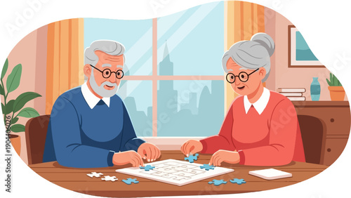 Elderly couple enjoys a puzzle by the window with city view