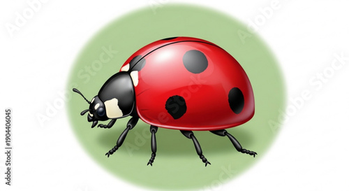 A ladybug with red shell and black spots walks on green background insect illustration
