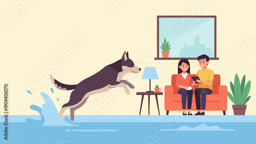 Energetic dog jumps into water as couple relaxes indoors