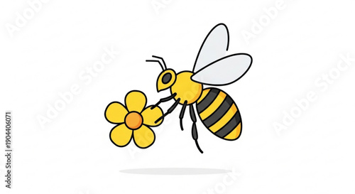 Yellow and black bee collecting nectar from a bright yellow flower in flight with white wings on white background