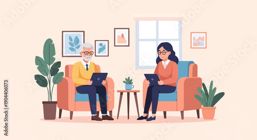Elderly couple in cozy room with laptops and houseplants