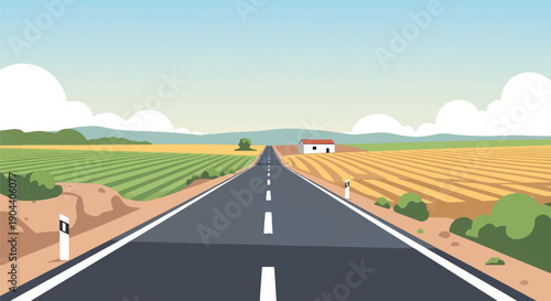 Endless road through cultivated fields under a sky with fluffy clouds