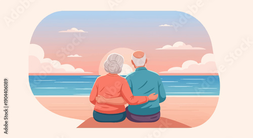 Elderly couple sits on beach watching sunset over ocean