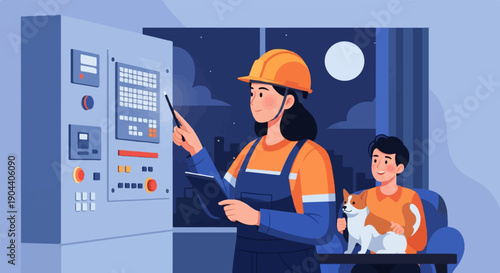 Engineer in hard hat near control panel, boy with dog in room at night
