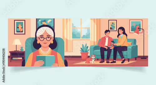 Elderly woman and young couple with dog in a cozy living room
