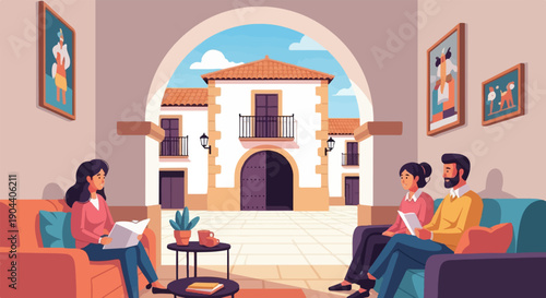 Families relax indoors viewing courtyard architecture